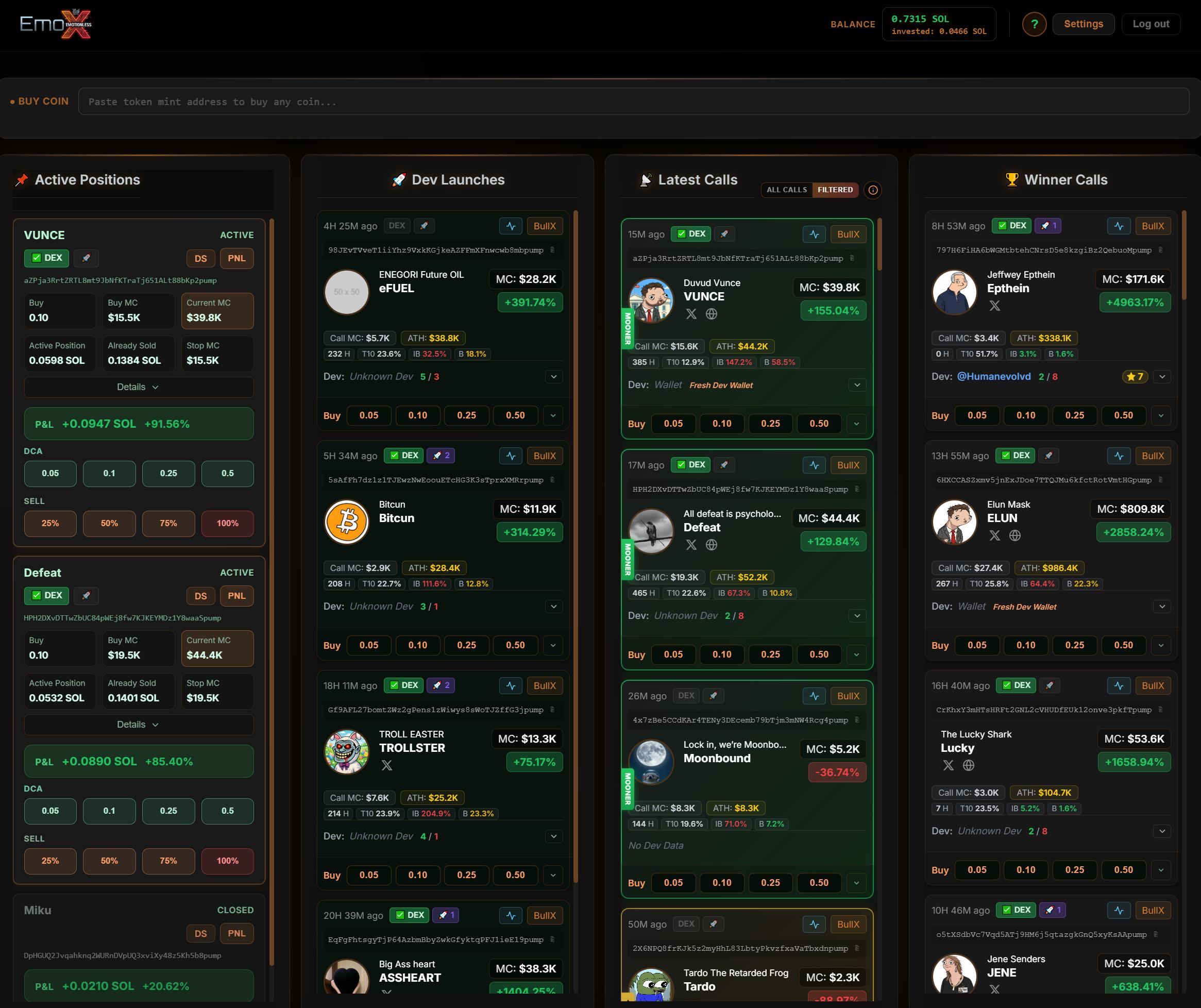 emoX dashboard: four columns showing Active Positions, Dev Launches, Latest Calls with Mooner tags, and Winner Calls with market cap and P&L.